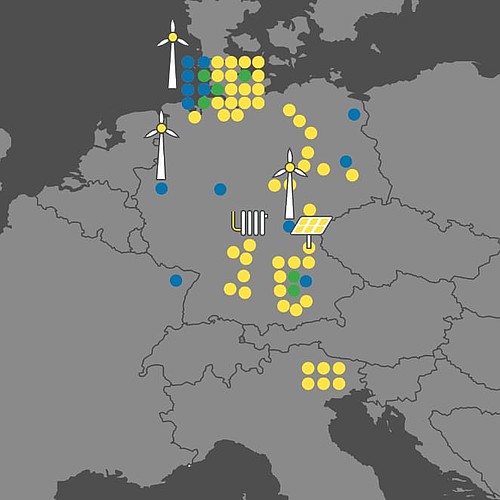 Stumme Deutschlandkarte mit Nachbarländern inklusive mehrfarbiger Standortmarkierungen